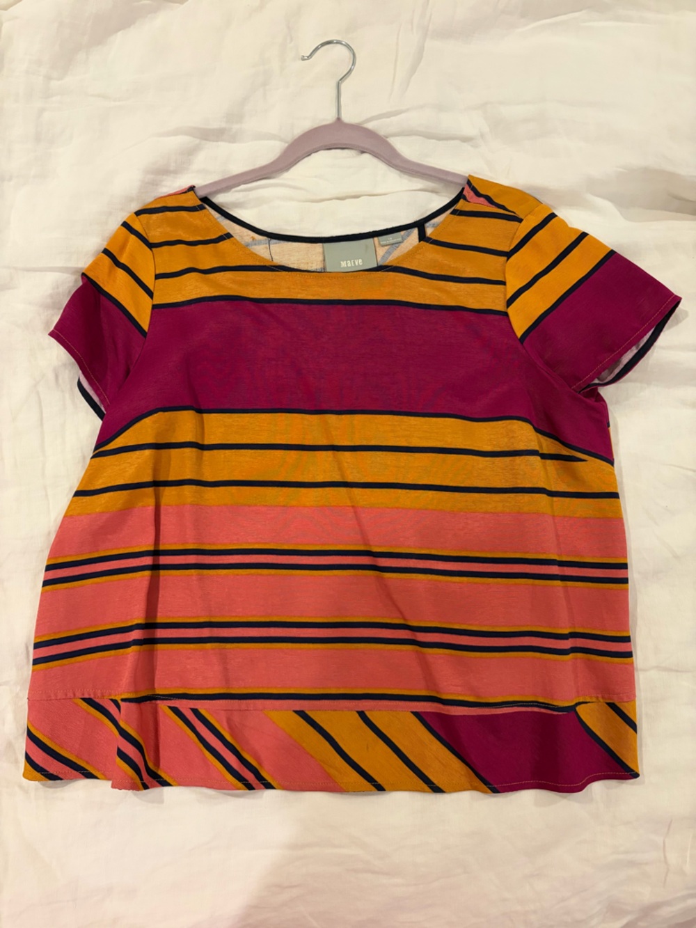 Maeve Striped Short-Sleeve Top in Magenta, Coral & Mustard